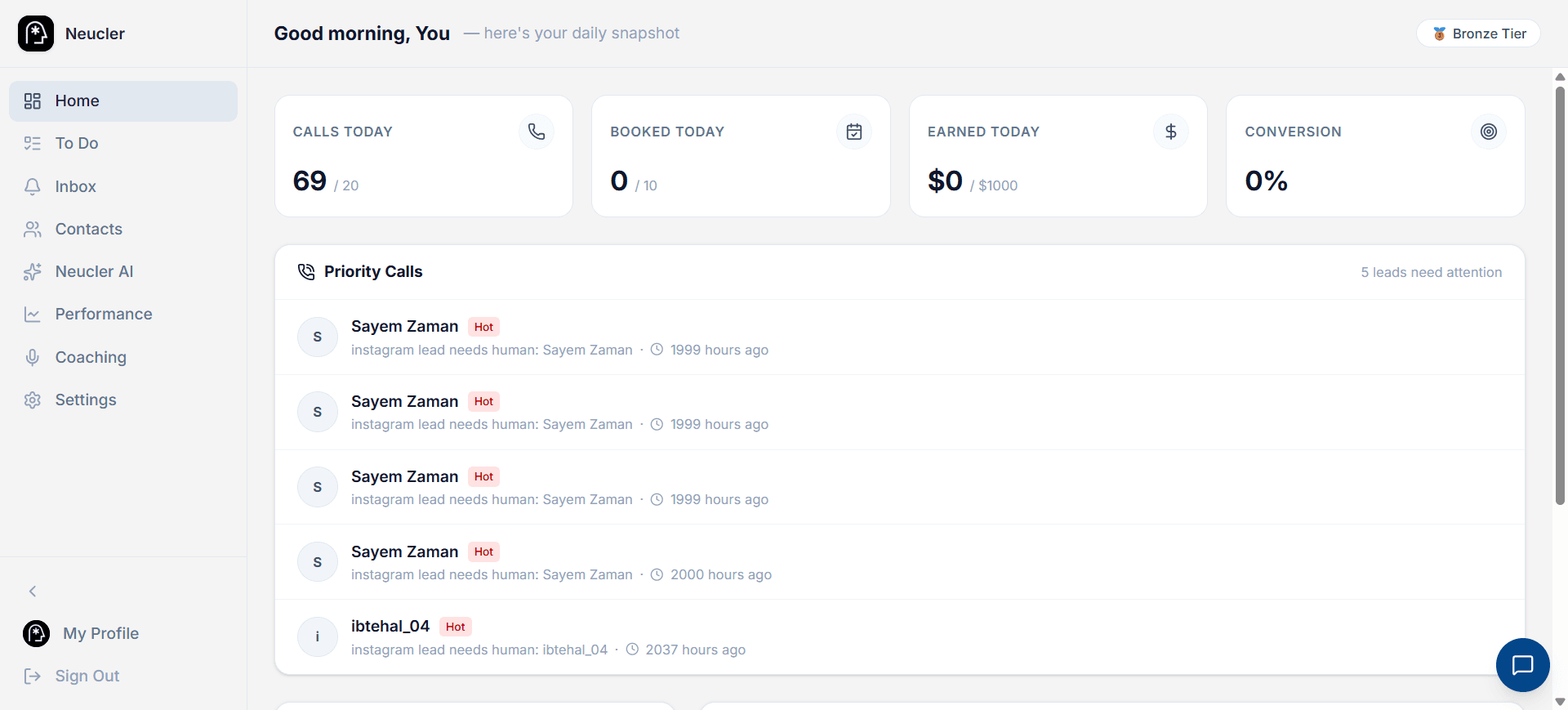 The Daily Dashboard — calls handled, revenue tracked, and a priority queue that surfaces leads most likely to convert right now.